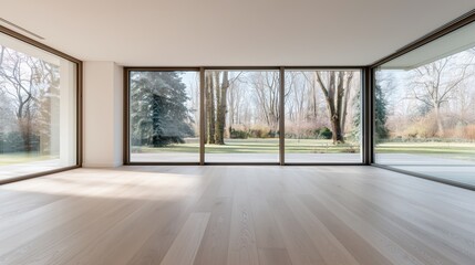Fototapeta premium Bright interior space with large windows showing a view of trees and green area outside