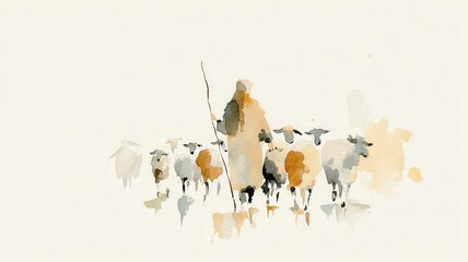 Shepherd leading a flock of sheep, watercolor painting following journey, guidance, illustrating