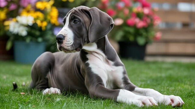 Gentle great dane puppy lying in garden surrounded by pink flowers