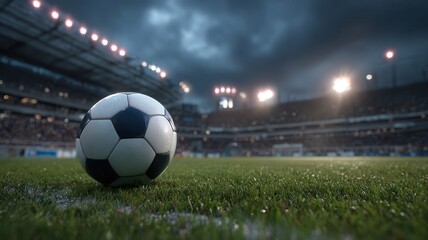 Soccer ball on stadium grass during an illuminated night game with grandstands fans blurred
