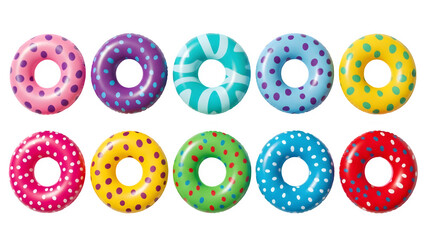 Collection of colorful donut shaped pool floats arranged in two rows vibrant summer fun isolated on transparent background