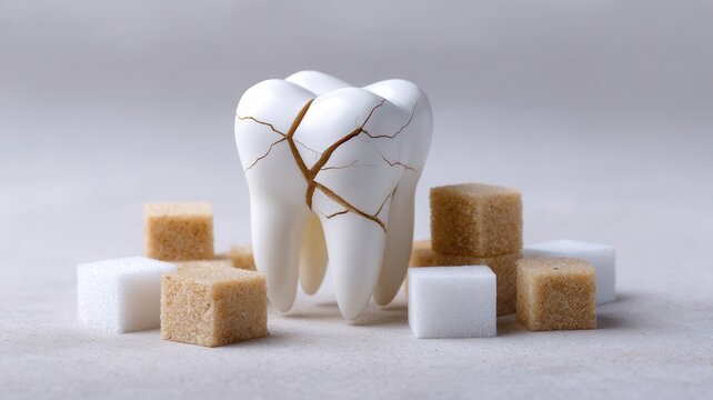 Sugar damaging cracked tooth, symbolizing dental decay, oral health risks from sweet poor foods hygiene