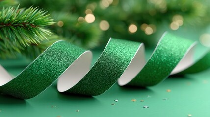 Green glitter ribbon spiraling a festive background with pine branch celebrating star confetti, and holidays
