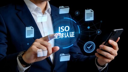 Businessman interacting with ISO certification digital interface