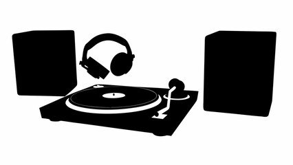 Stunning black and white silhouette of a professional DJ turntable setup with floating headphones ready for mixing music