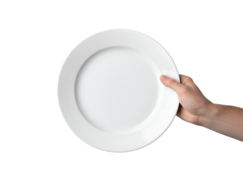 Hand Holding Empty White Plate for Food Presentation & Serving – Clean Dining Dish Ready on white background Isolated on Transparent Background - Powered by Adobe