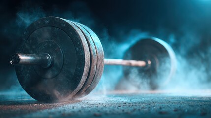 Heavy barbell with weight plates on gym floor amid chalk dust, symbolizing power and intense workout.