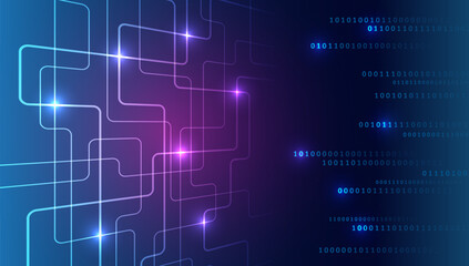 Abstract futuristic technology background with glowing interconnected lines and binary code on a dark blue gradient, symbolizing digital networks, data flow, and high-tech communication.