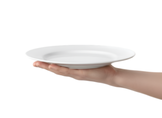 Hand holding empty white plate on plain background. Clean ceramic dish for food presentation or serving. on white background Isolated on Transparent Background