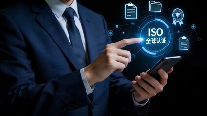 Businessman interacting with ISO certification digital interface