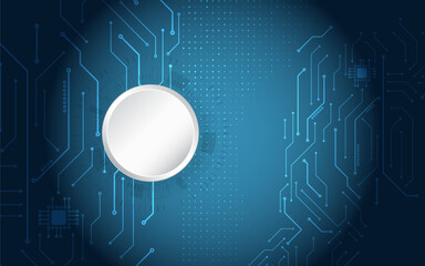 Blue abstract technology background with circuit lines and a central circular interface element, representing digital innovation, data flow, futuristic systems, and modern electronics.