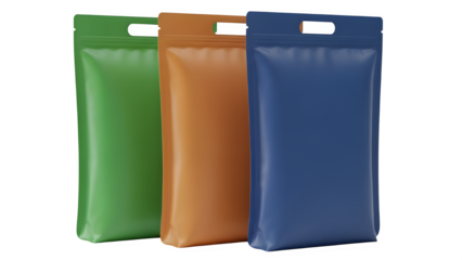 Colorful plastic pouches with handles arranged in a row ideal for branding or product packaging isolated on transparent background