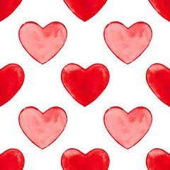 Red hearts, watercolor seamless pattern on a white background. Valentine's cards, hand-drawn illustration.