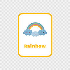 Fototapeta premium Weather flashcard for kids isolated on white background. Rainbow. Educational material for kindergardens and schools. English language game with cute weather sticker. Vector illustration. 