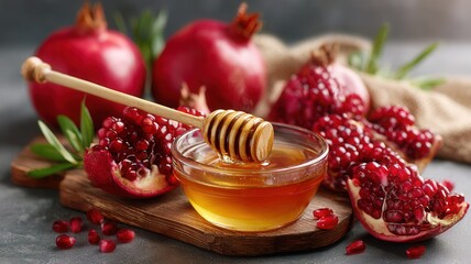 Pomegranate fruits and sweet honey in jar with wooden dipper, holiday symbolizing rosh hashanah tradition