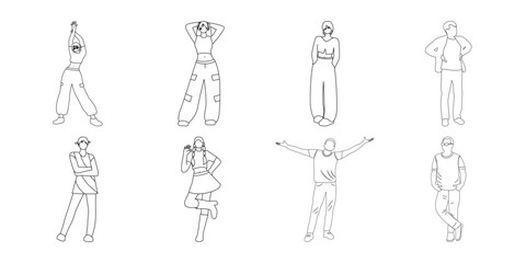 Outline drawing of people in various casual standing poses vector Vector