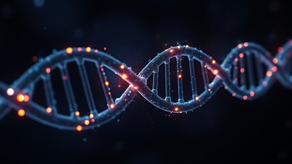 Dark DNA strands glowing under artificial light, revealing intricate hidden patterns.