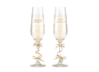 Festive 2026 New Year Champagne Flutes. Elegant Gold Toasting Glasses for Celebrations with Clock Charms. on white background Isolated on Transparent Background