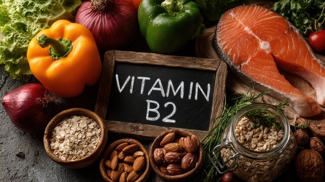 Vitamin b2 (riboflavin) rich food sources including salmon, nuts, and vegetables for health