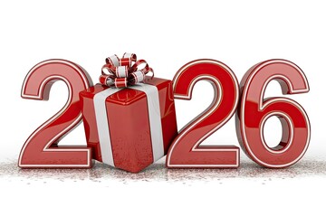 New Year 2026 red gift box celebration with glossy numbers and festive holiday concept