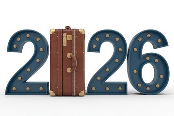 Adventure 2026 travel concept with brown suitcase between blue marquee digits