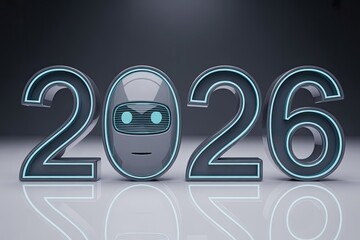 AI 2026 futuristic robot face concept with glowing neon digits in modern cyber style