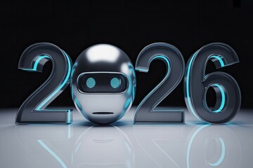 AI 2026 metallic robot head with glossy futuristic digits in dark cyber environment