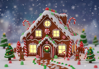 Obraz premium Winter holiday gingerbread house with snow, candy, and lights