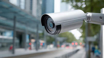 Identification in crowded places: facial recognition technology scan, detect people face. Security camera motion detection system recognizes, identifies people with big data.