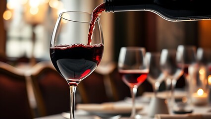 Red wine elegantly pouring into crystal glasses in a sophisticated dining setting with soft overhead lighting.