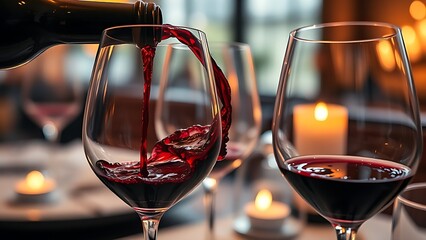 Red wine pouring into glasses, elegant dining atmosphere closeup.