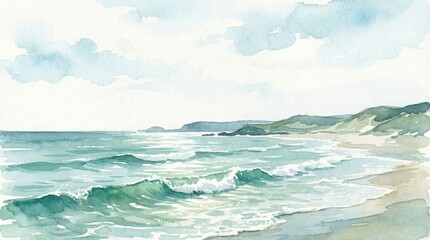 Fototapeta premium Serene Watercolor Coastal Landscape with Gentle Ocean Waves and Sandy Shoreline