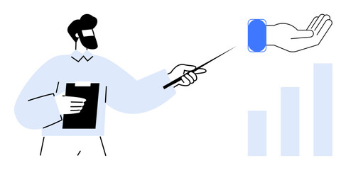 Business presentation concept. A person pointing to key visual elements including graphs and hand symbols for business growth. Business presentations, data analysis, growth strategy, leadership