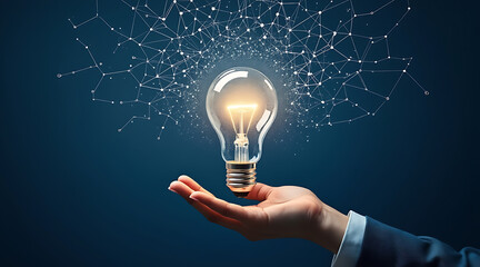 A hand gently holds a glowing light bulb as sparks and particles radiate outward representing innovation and new ideas