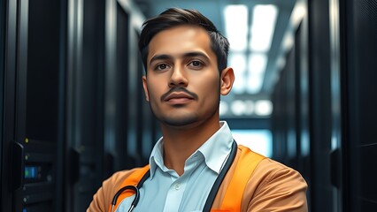 An IT technician in a data center, working among server racks.
