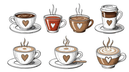 Watercolor style illustration of various hot beverages in decorative cups and saucers