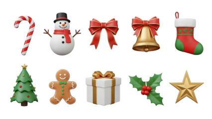 Festive collection of christmas decorations including candy cane snowman stocking tree and gingerbread man isolated on transparent background