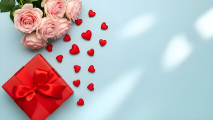 Top view of pink roses, red gift box with bow, and small red hearts scattered on a light blue background, perfect for valentines day or romantic celebration, isolated on white