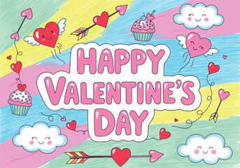 Charming 'Happy Valentine's Day' illustration with hand-drawn hearts, Cupid's arrows, sweet cupcakes, and cute clouds, perfect for celebrating love