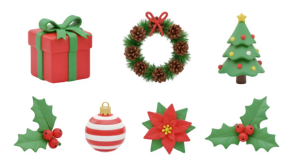 Festive christmas decorations collection including wreath gift tree poinsettia and ornament isolated on transparent background