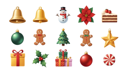 Festive collection of christmas ornaments and holiday decorations in vibrant colors isolated on transparent background