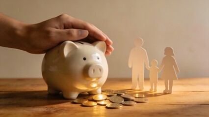 Hand placing coin in piggy bank near family cutouts