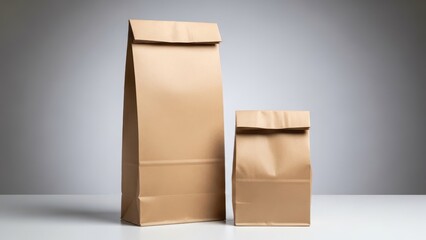 Minimal brown paper shopping bags mockup with clean studio lighting and blank branding