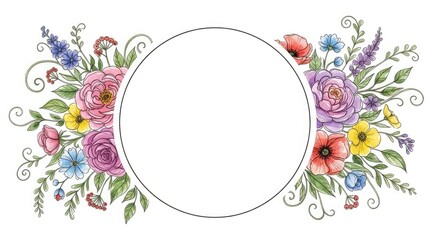 A decorative floral frame featuring various colorful flowers including roses, poppies, and lavender. The design is suitable for invitations or greeting cards.