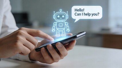 Person using smartphone with robot hologram