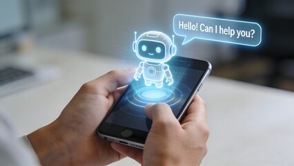Person holding smartphone with holographic robot