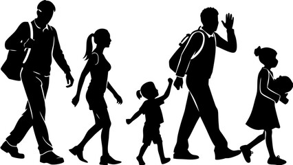 Obraz premium Silhouette of a diverse family group walking together carrying bags symbolizing travel migration or journey