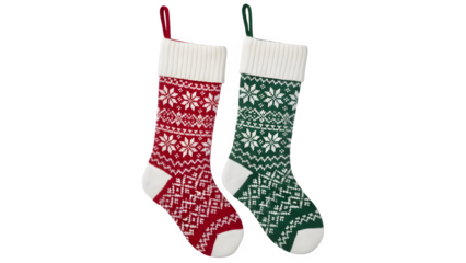 Pair of festive christmas stockings with traditional nordic patterns in red and green isolated on transparent background