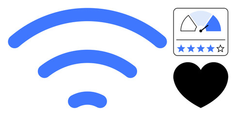 wireless connection concept. wireless strength icon with customer rating and heart symbol. wireless connection reliability, customer feedback, and digital communication . Use in tech, ratings