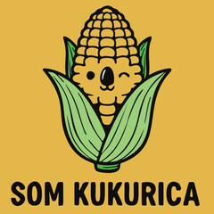 A charming vector line art illustration of a corn cob character with a happy face and large eyes, with the Slovak text 'SOM KUKURICA' (I AM CORN) below